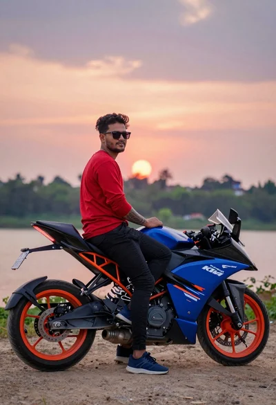 Man on sportbike looking back over shoulder at sunset near water