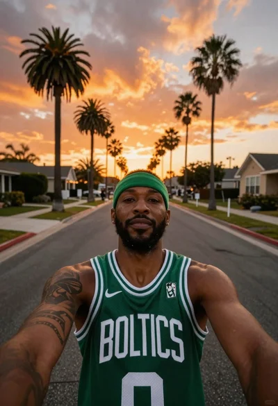 Black man in celtics jersey on suburban street