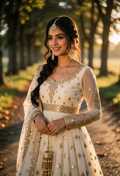 Young woman in ornate cream traditional gown on treelined path at golden