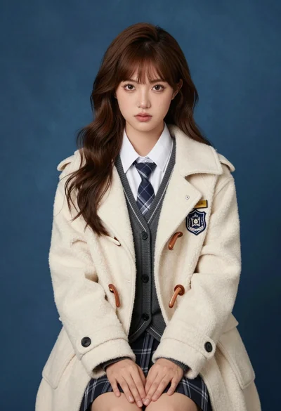 Portrait of young woman in school uniform against deep blue studio backdrop