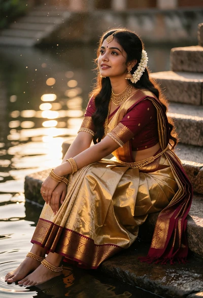Young woman in maroon silk saree sitting on stone steps by reflective