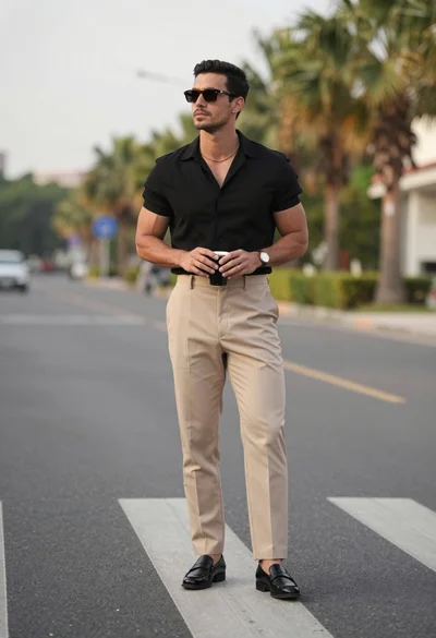Stylish man in black shirt and beige trousers standing on paved crosswalk