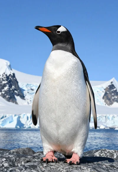 Majestic gentoo penguin standing on dark rock against snowy mountains