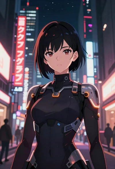 Anime warrior in neon cyberpunk city street at night