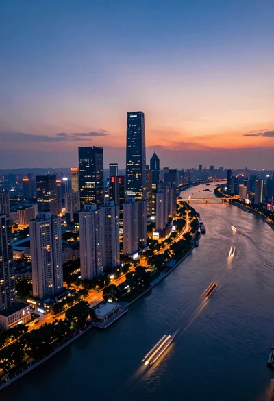 Aerial view of modern metropolis skyline at twilight over a wide river
