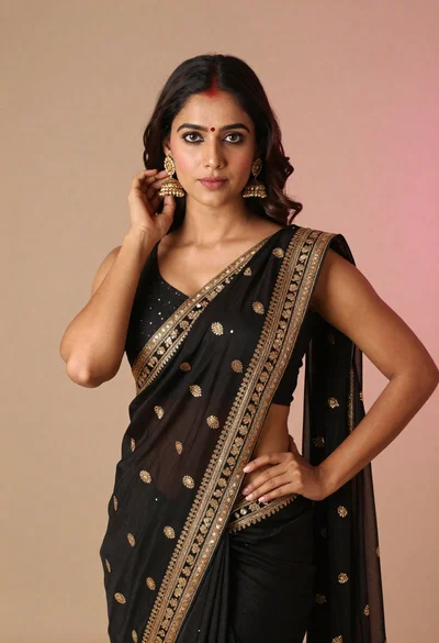 Young woman in black embroidered saree posing in a beige studio setting