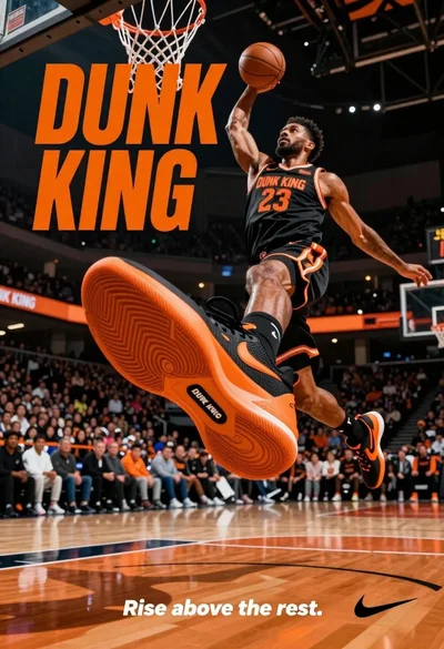 Muscular male basketball player midair dunking with large orange sneaker
