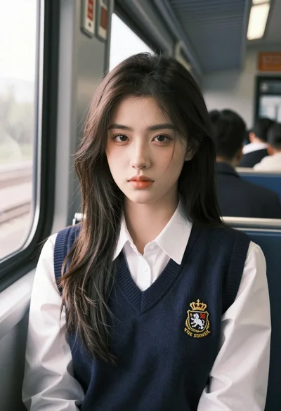 Young woman with dark hair seated by train window looking at camera