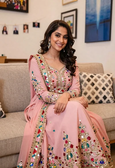 Smiling woman in pink embroidered gown sitting on beige sofa indoors