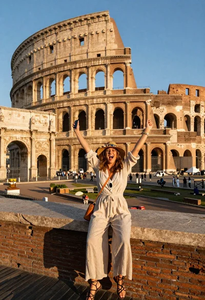 Exhilarated tourist woman taking selfie at the colosseum in rome