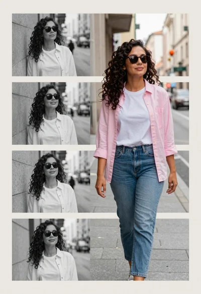 Collage portrait of a woman with curly hair in an urban setting
