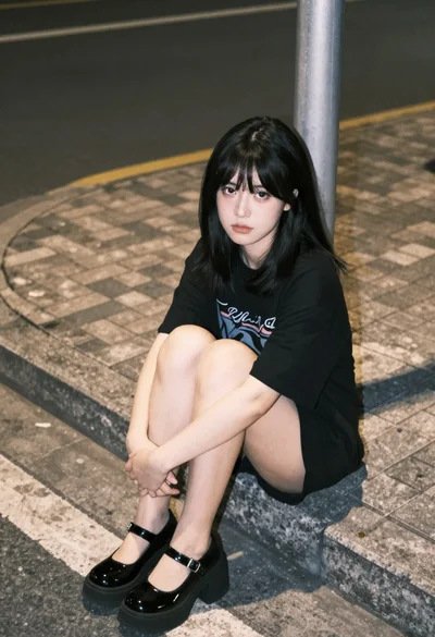 Young woman sitting on curb at night in an urban setting high