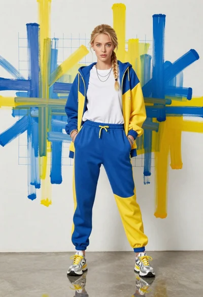 Young woman in color blocked tracksuit against abstract art wall