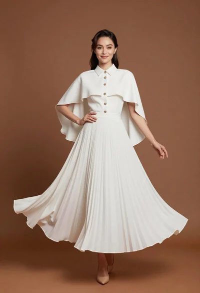 Full length studio portrait of woman in elegant white pleated dress