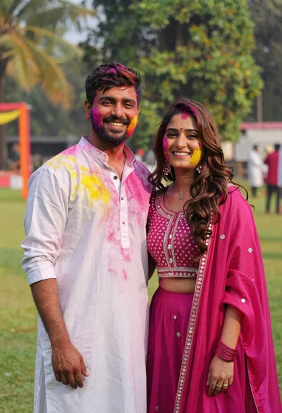 Smiling couple in traditional attire covered in colorful powder on lawn
