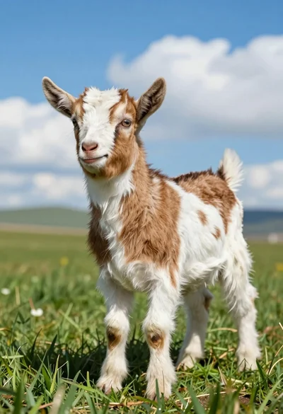 Close up of baby goat standing in lush green field under bright