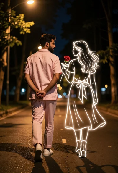 Man in pink outfit walks down dark street beside glowing woman sketch