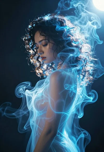 Mystical portrait of woman enveloped in swirling blue smoke energy