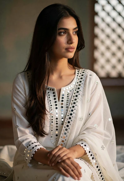 Young woman in white traditional kurta gazing thoughtfully near lattice screen