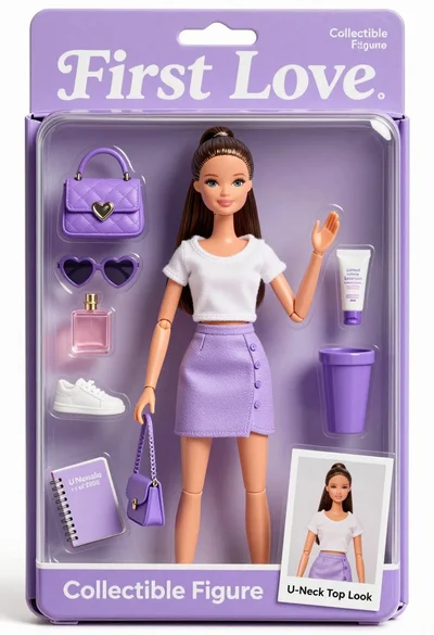Collectible figure doll packaging displaying woman in white top and lavender skirt