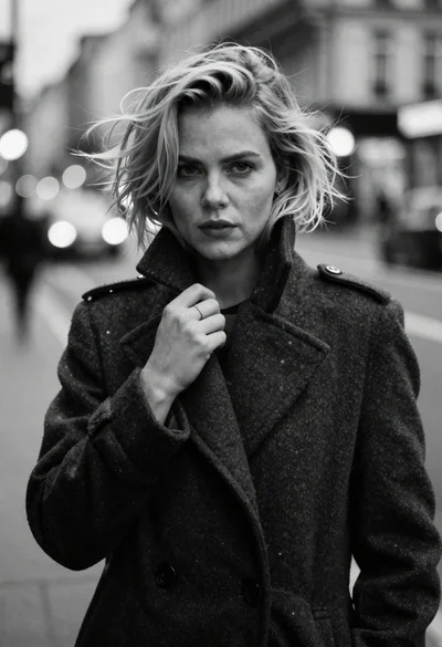 Monochrome portrait of blonde woman in wool coat on city street
