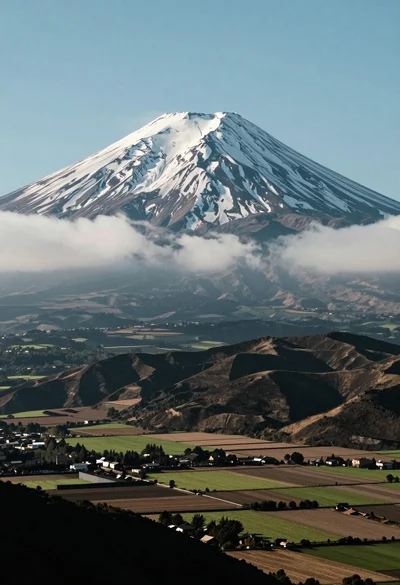 Majestic snow capped volcano overlooking rolling patchwork fields in a vast valley