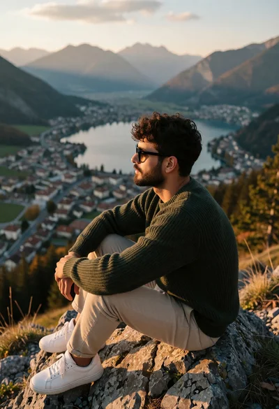 Man sitting on rocky outcrop overlooking mountain valley lake town at golden