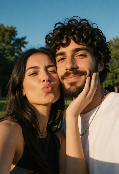 Low angle selfie of couple outdoors under blue sky with golden sunlight