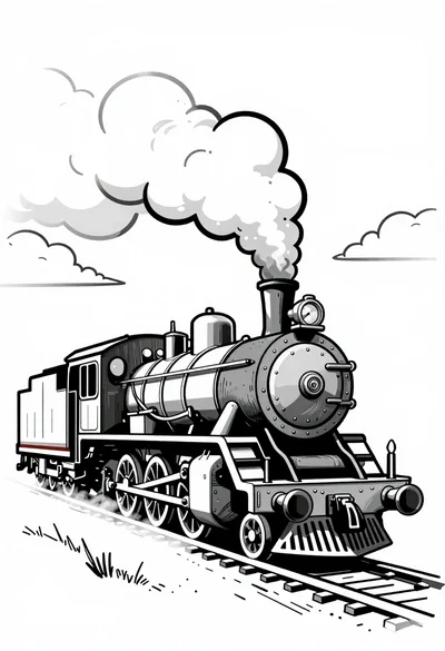 Vintage steam locomotive speeding on track with smoke puffs on white background