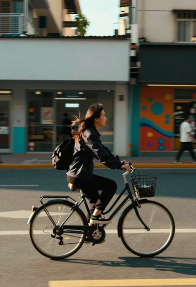 Young woman riding bicycle through blurred urban street