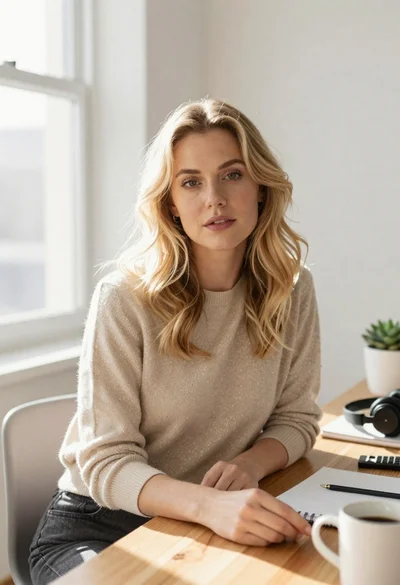 Blonde woman seated at a bright wooden desk