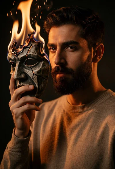 Close up portrait of man holding burning cracked mask in dark void