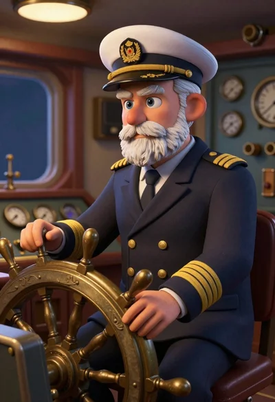 Sculpted illustration of an elderly captain at a ships helm