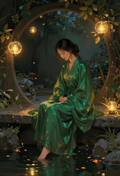 Woman meditating in a twilight garden setting