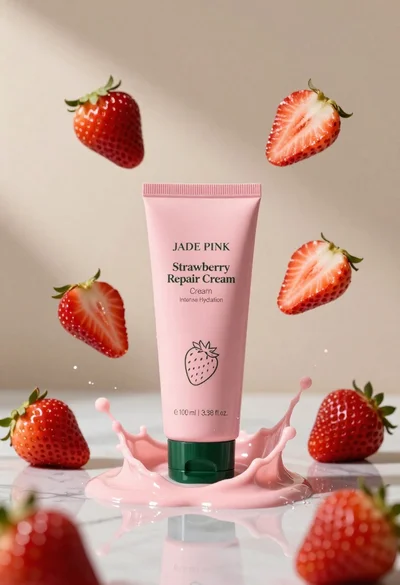 Pink cosmetic tube with strawberry repair cream splashes in studio