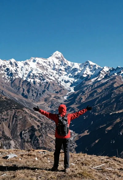 Hiker standing with outstretched arms on grassy ridge facing snowy mountains