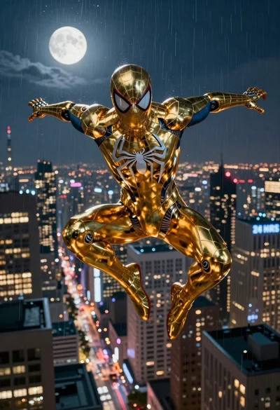 Superhero in metallic gold suit diving over city at night