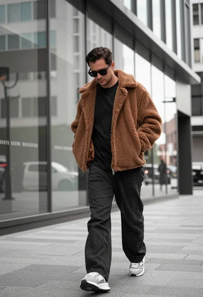Man walking past modern glass building wearing teddy bear jacket at low