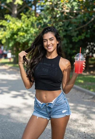 Smiling woman with dark hair posing outdoors holding drink at park