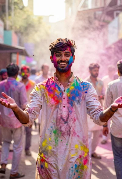 Joyful young man covered in colorful powder during an outdoor festival