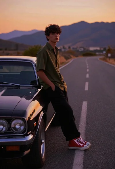 Young man leaning on black muscle car on winding mountain road at