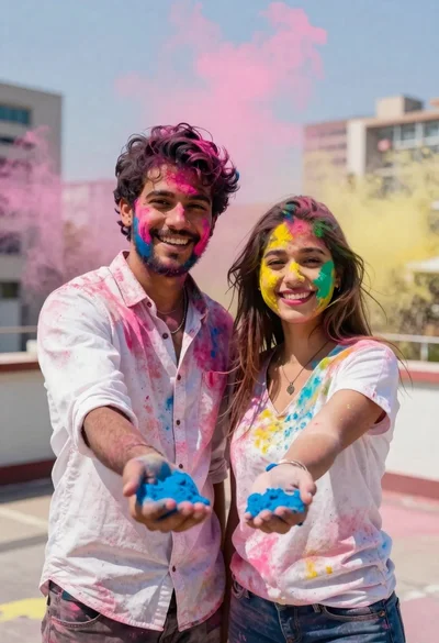 Joyful couple covered in colorful powder on a city rooftop