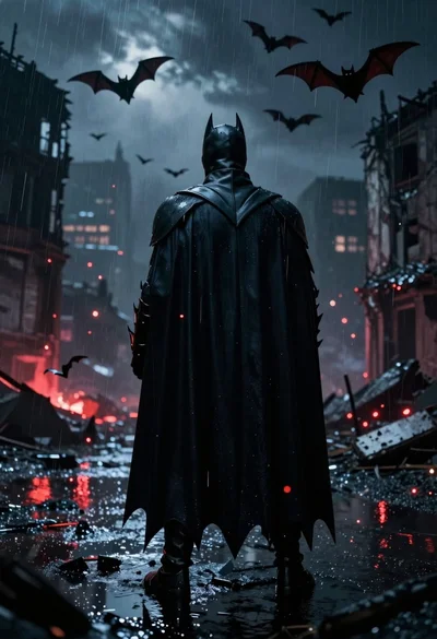 Batman standing in ruined flooded city at night