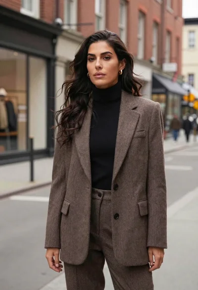 Stylish woman in brown blazer on city street with brick background