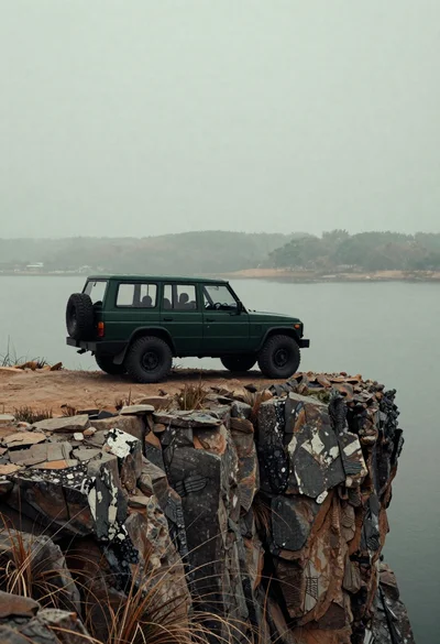 Dark green suv parked on rocky cliff edge overlooking misty lake