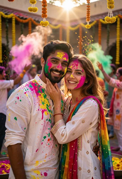 Joyful couple celebrating holi festival in sunlit courtyard with colored powder