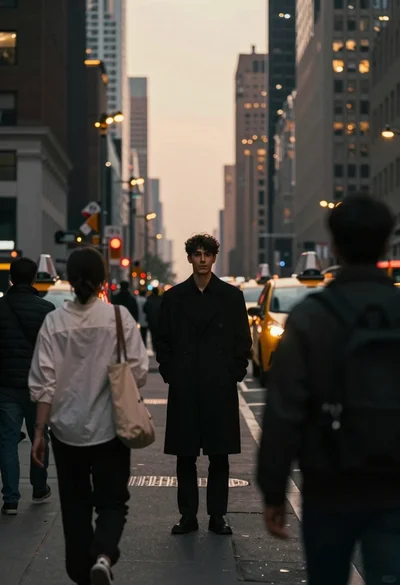 Young man on city street at hazy dusk
