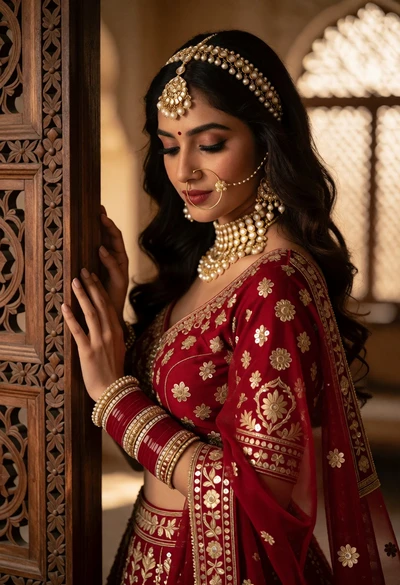 Young woman in deep red bridal lehenga near ornate wooden doorway interior