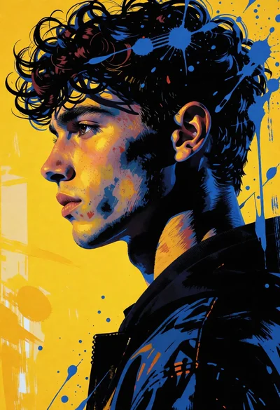 High contrast portrait of young man in profile against vivid yellow background
