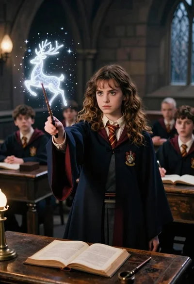 Young woman casting spell conjuring white stag in stone classroom